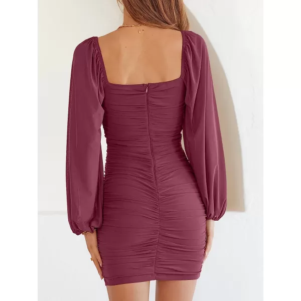 imageANRABESS Womens Square Neck Mesh Long Sleeve Ruched Bodycon Mini Dress Party Club Cocktail Short DressesPurple