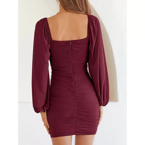 imageANRABESS Womens Square Neck Mesh Long Sleeve Ruched Bodycon Mini Dress Party Club Cocktail Short DressesWine Red