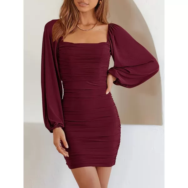 imageANRABESS Womens Square Neck Mesh Long Sleeve Ruched Bodycon Mini Dress Party Club Cocktail Short DressesWine Red