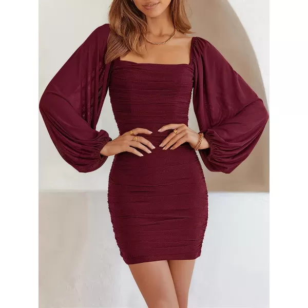 imageANRABESS Womens Square Neck Mesh Long Sleeve Ruched Bodycon Mini Dress Party Club Cocktail Short DressesWine Red