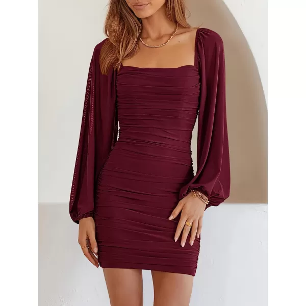 imageANRABESS Womens Square Neck Mesh Long Sleeve Ruched Bodycon Mini Dress Party Club Cocktail Short DressesWine Red