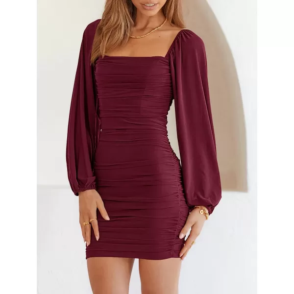 imageANRABESS Womens Square Neck Mesh Long Sleeve Ruched Bodycon Mini Dress Party Club Cocktail Short DressesWine Red