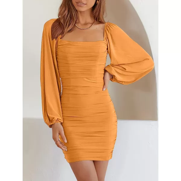 imageANRABESS Womens Square Neck Mesh Long Sleeve Ruched Bodycon Mini Dress Party Club Cocktail Short DressesYellow