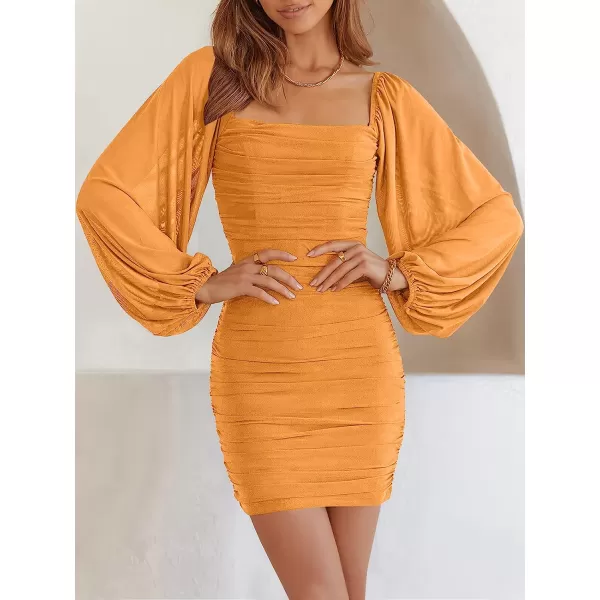imageANRABESS Womens Square Neck Mesh Long Sleeve Ruched Bodycon Mini Dress Party Club Cocktail Short DressesYellow