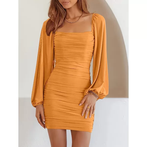imageANRABESS Womens Square Neck Mesh Long Sleeve Ruched Bodycon Mini Dress Party Club Cocktail Short DressesYellow