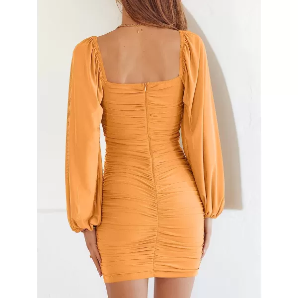 imageANRABESS Womens Square Neck Mesh Long Sleeve Ruched Bodycon Mini Dress Party Club Cocktail Short DressesYellow