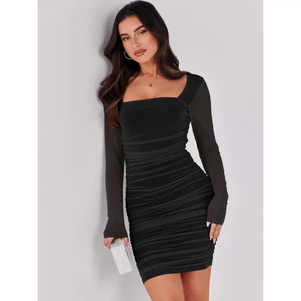 imageANRABESS Womens Square Neck Mesh Ruched Bodycon Mini Dress Puff Long Sleeve Sexy Cocktail Party Short Dresses FashionBlack