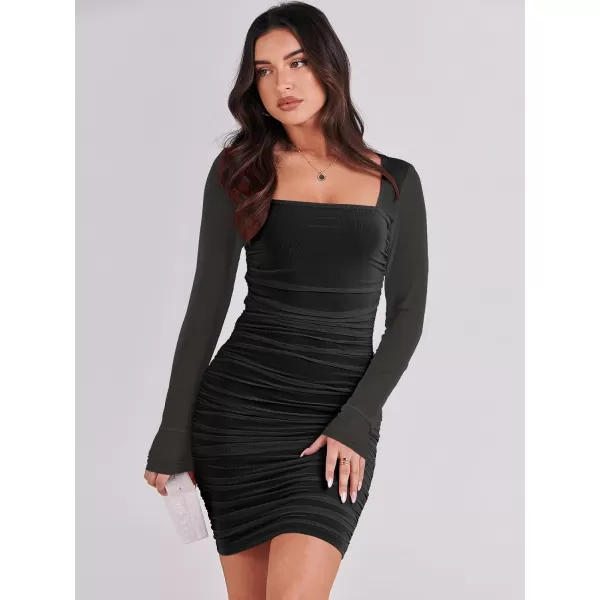 imageANRABESS Womens Square Neck Mesh Ruched Bodycon Mini Dress Puff Long Sleeve Sexy Cocktail Party Short Dresses FashionBlack