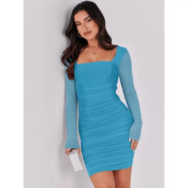 imageANRABESS Womens Square Neck Mesh Ruched Bodycon Mini Dress Puff Long Sleeve Sexy Cocktail Party Short Dresses FashionBlue