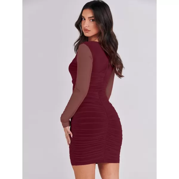 imageANRABESS Womens Square Neck Mesh Ruched Bodycon Mini Dress Puff Long Sleeve Sexy Cocktail Party Short Dresses FashionBurgundy