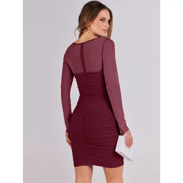 imageANRABESS Womens Square Neck Mesh Ruched Bodycon Mini Dress Puff Long Sleeve Sexy Cocktail Party Short Dresses FashionBurgundy