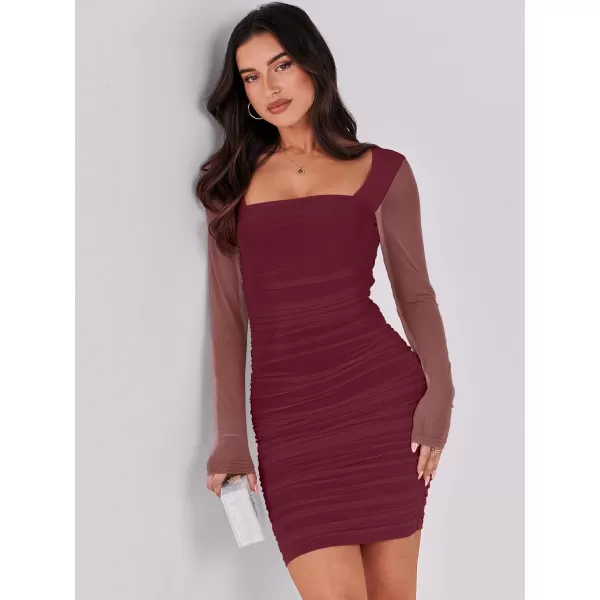 imageANRABESS Womens Square Neck Mesh Ruched Bodycon Mini Dress Puff Long Sleeve Sexy Cocktail Party Short Dresses FashionBurgundy