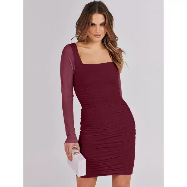 imageANRABESS Womens Square Neck Mesh Ruched Bodycon Mini Dress Puff Long Sleeve Sexy Cocktail Party Short Dresses FashionBurgundy