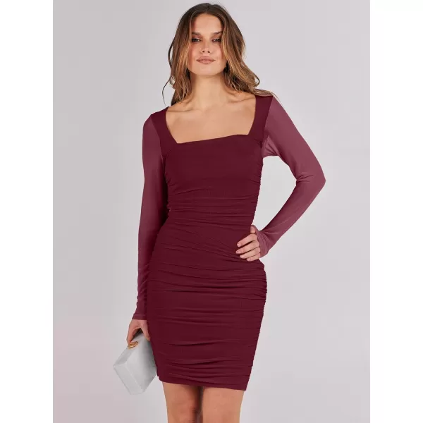 imageANRABESS Womens Square Neck Mesh Ruched Bodycon Mini Dress Puff Long Sleeve Sexy Cocktail Party Short Dresses FashionBurgundy