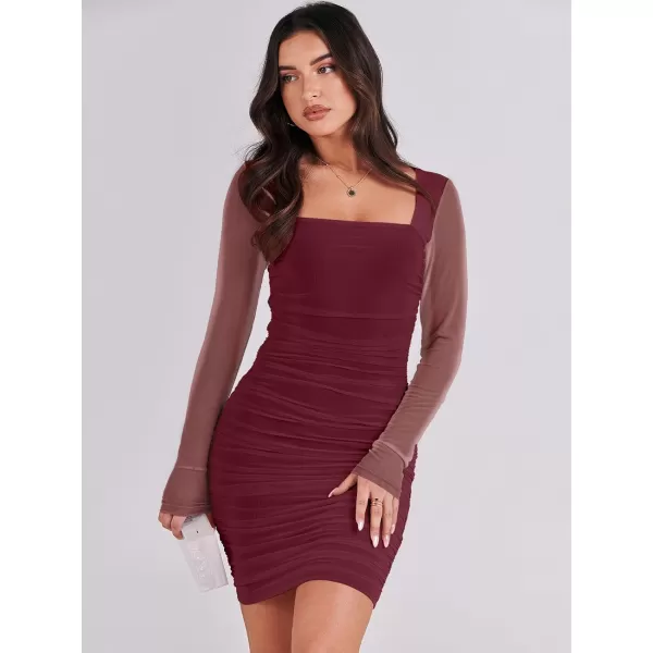imageANRABESS Womens Square Neck Mesh Ruched Bodycon Mini Dress Puff Long Sleeve Sexy Cocktail Party Short Dresses FashionBurgundy