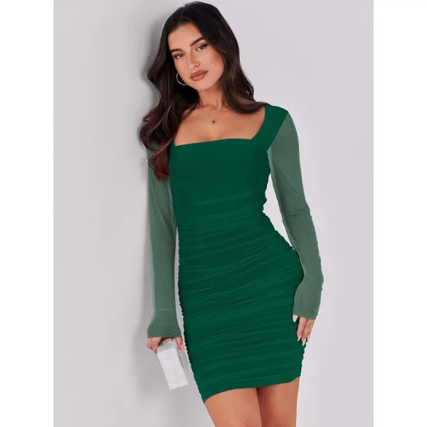 imageANRABESS Womens Square Neck Mesh Ruched Bodycon Mini Dress Puff Long Sleeve Sexy Cocktail Party Short Dresses FashionForest