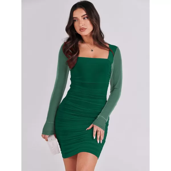 imageANRABESS Womens Square Neck Mesh Ruched Bodycon Mini Dress Puff Long Sleeve Sexy Cocktail Party Short Dresses FashionForest