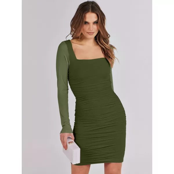 imageANRABESS Womens Square Neck Mesh Ruched Bodycon Mini Dress Puff Long Sleeve Sexy Cocktail Party Short Dresses FashionGreen