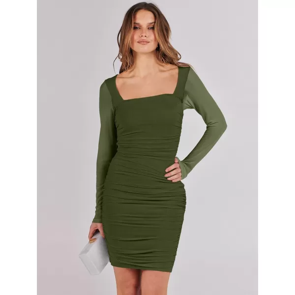 imageANRABESS Womens Square Neck Mesh Ruched Bodycon Mini Dress Puff Long Sleeve Sexy Cocktail Party Short Dresses FashionGreen
