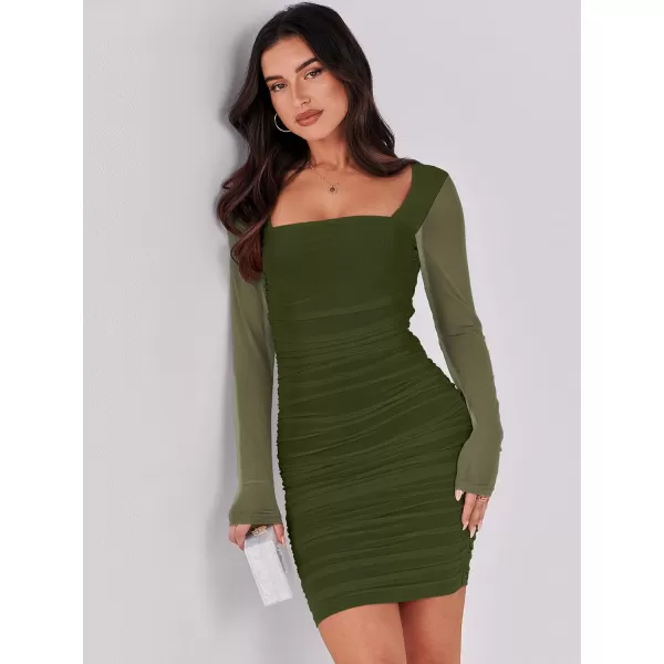 imageANRABESS Womens Square Neck Mesh Ruched Bodycon Mini Dress Puff Long Sleeve Sexy Cocktail Party Short Dresses FashionGreen