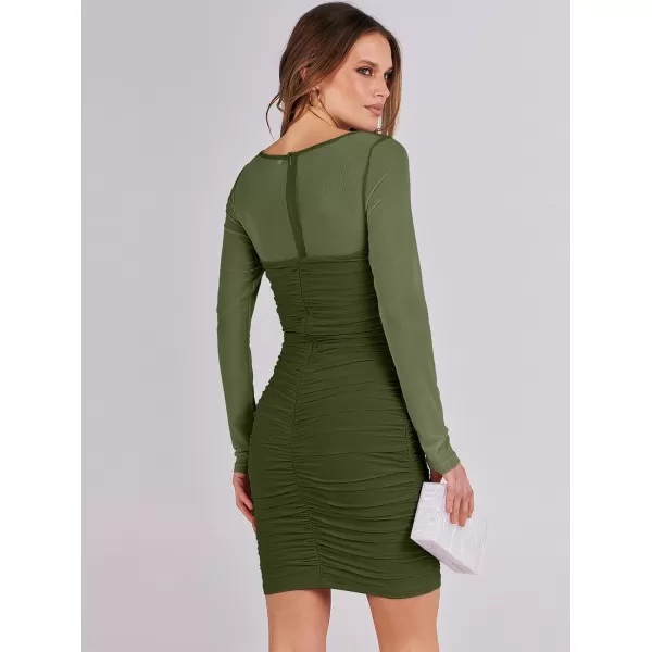 imageANRABESS Womens Square Neck Mesh Ruched Bodycon Mini Dress Puff Long Sleeve Sexy Cocktail Party Short Dresses FashionGreen
