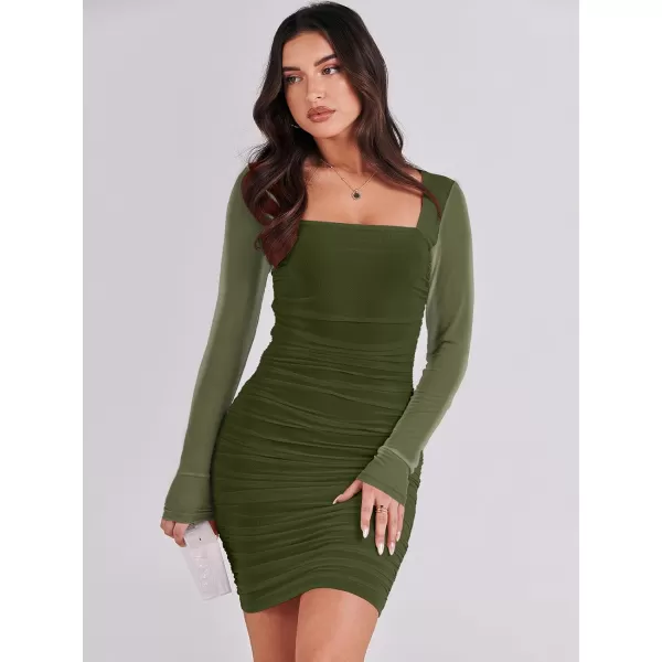 imageANRABESS Womens Square Neck Mesh Ruched Bodycon Mini Dress Puff Long Sleeve Sexy Cocktail Party Short Dresses FashionGreen