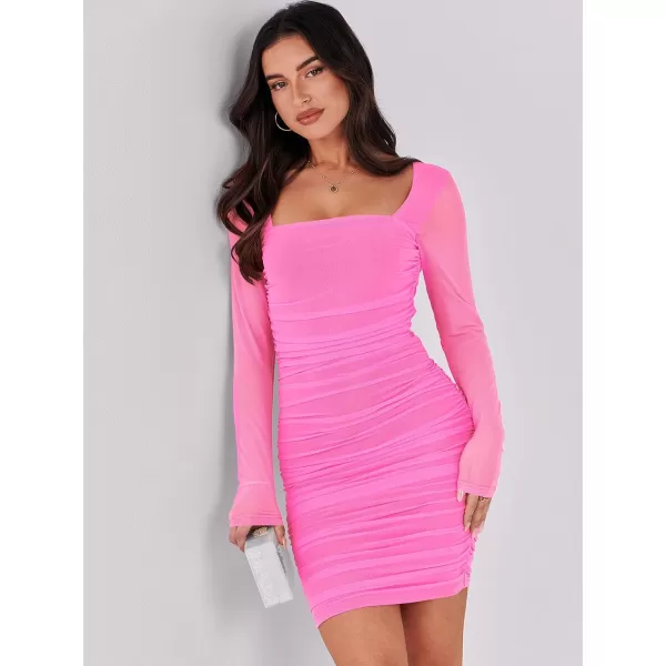 imageANRABESS Womens Square Neck Mesh Ruched Bodycon Mini Dress Puff Long Sleeve Sexy Cocktail Party Short Dresses FashionHot Pink
