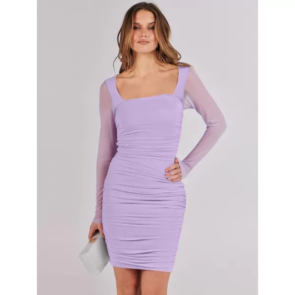imageANRABESS Womens Square Neck Mesh Ruched Bodycon Mini Dress Puff Long Sleeve Sexy Cocktail Party Short Dresses FashionPurple