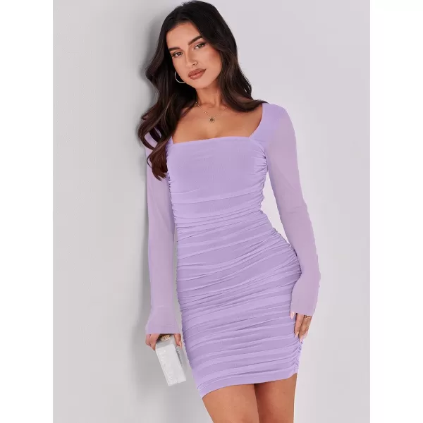 imageANRABESS Womens Square Neck Mesh Ruched Bodycon Mini Dress Puff Long Sleeve Sexy Cocktail Party Short Dresses FashionPurple