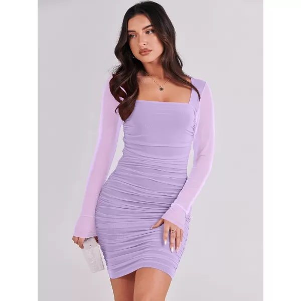 imageANRABESS Womens Square Neck Mesh Ruched Bodycon Mini Dress Puff Long Sleeve Sexy Cocktail Party Short Dresses FashionPurple