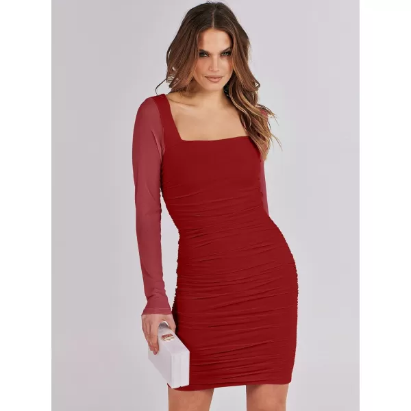 imageANRABESS Womens Square Neck Mesh Ruched Bodycon Mini Dress Puff Long Sleeve Sexy Cocktail Party Short Dresses FashionRed