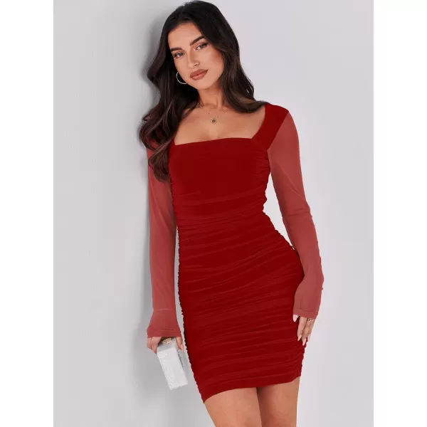 imageANRABESS Womens Square Neck Mesh Ruched Bodycon Mini Dress Puff Long Sleeve Sexy Cocktail Party Short Dresses FashionRed