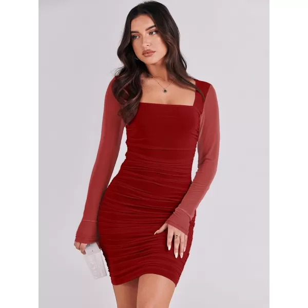imageANRABESS Womens Square Neck Mesh Ruched Bodycon Mini Dress Puff Long Sleeve Sexy Cocktail Party Short Dresses FashionRed