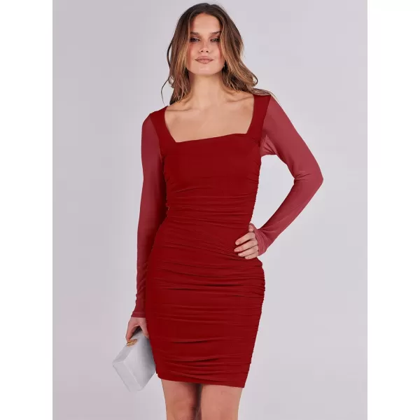 imageANRABESS Womens Square Neck Mesh Ruched Bodycon Mini Dress Puff Long Sleeve Sexy Cocktail Party Short Dresses FashionRed