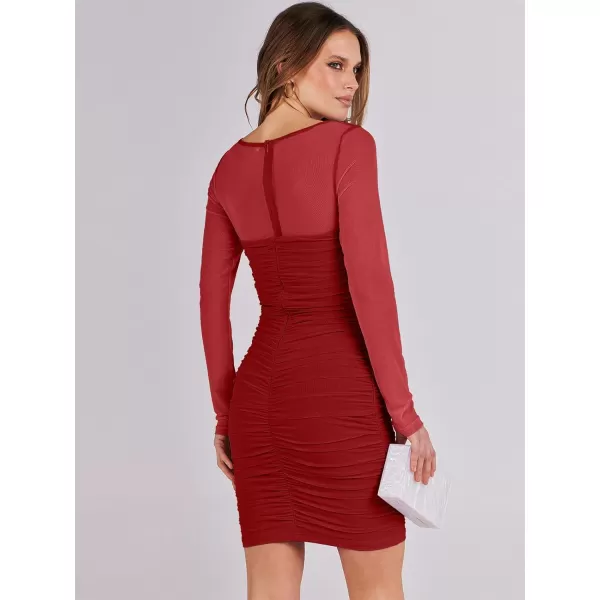 imageANRABESS Womens Square Neck Mesh Ruched Bodycon Mini Dress Puff Long Sleeve Sexy Cocktail Party Short Dresses FashionRed