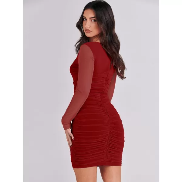 imageANRABESS Womens Square Neck Mesh Ruched Bodycon Mini Dress Puff Long Sleeve Sexy Cocktail Party Short Dresses FashionRed