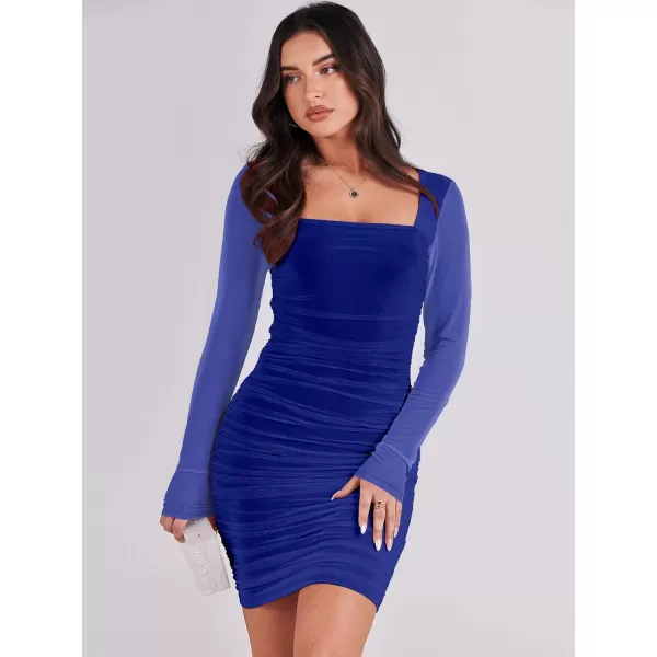 imageANRABESS Womens Square Neck Mesh Ruched Bodycon Mini Dress Puff Long Sleeve Sexy Cocktail Party Short Dresses FashionRoyal Blue
