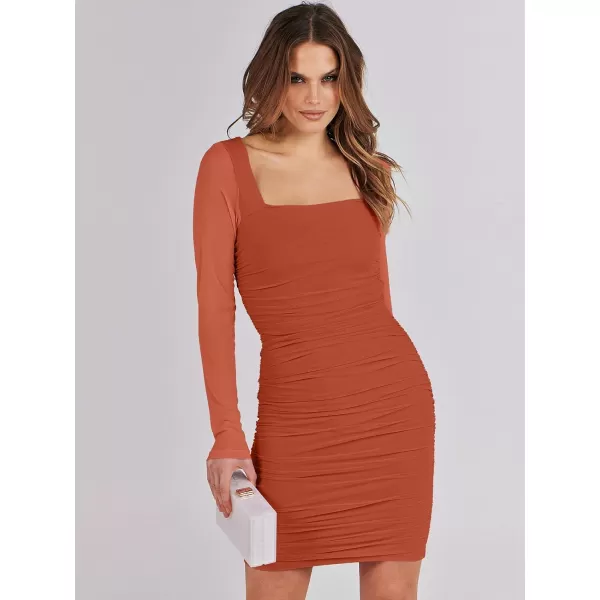 imageANRABESS Womens Square Neck Mesh Ruched Bodycon Mini Dress Puff Long Sleeve Sexy Cocktail Party Short Dresses FashionRust