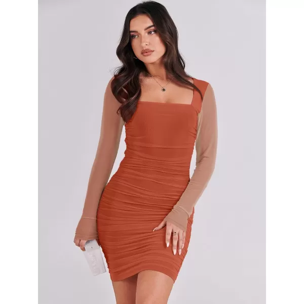 imageANRABESS Womens Square Neck Mesh Ruched Bodycon Mini Dress Puff Long Sleeve Sexy Cocktail Party Short Dresses FashionRust