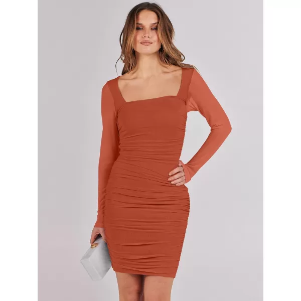 imageANRABESS Womens Square Neck Mesh Ruched Bodycon Mini Dress Puff Long Sleeve Sexy Cocktail Party Short Dresses FashionRust