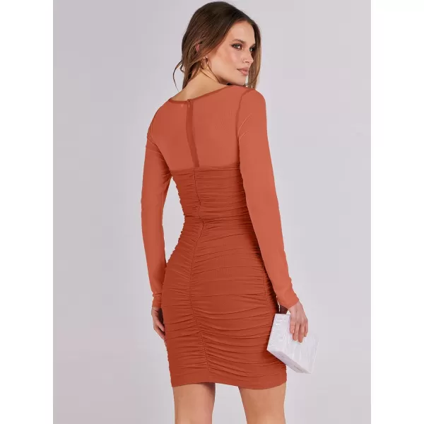 imageANRABESS Womens Square Neck Mesh Ruched Bodycon Mini Dress Puff Long Sleeve Sexy Cocktail Party Short Dresses FashionRust