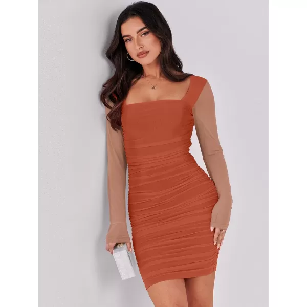 imageANRABESS Womens Square Neck Mesh Ruched Bodycon Mini Dress Puff Long Sleeve Sexy Cocktail Party Short Dresses FashionRust