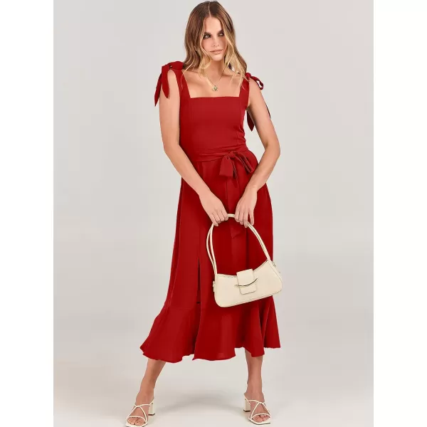 imageANRABESS Womens Square Neck Ruffle Split Midi Formal Summer Dress Elegant Wedding Guest Cocktail Party Bridesmaid DressesRed