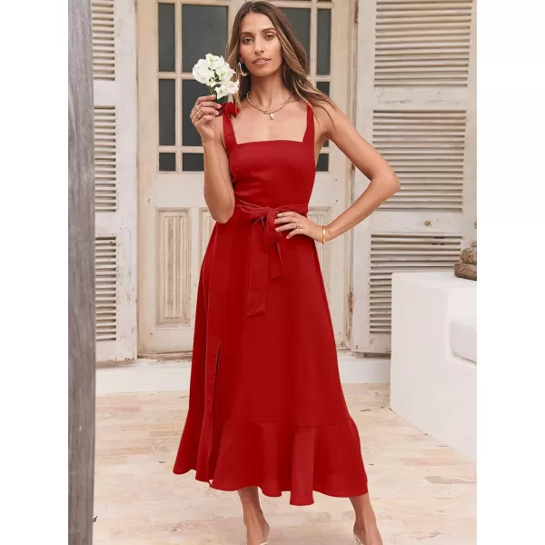 imageANRABESS Womens Square Neck Ruffle Split Midi Formal Summer Dress Elegant Wedding Guest Cocktail Party Bridesmaid DressesRed