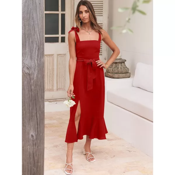 imageANRABESS Womens Square Neck Ruffle Split Midi Formal Summer Dress Elegant Wedding Guest Cocktail Party Bridesmaid DressesRed