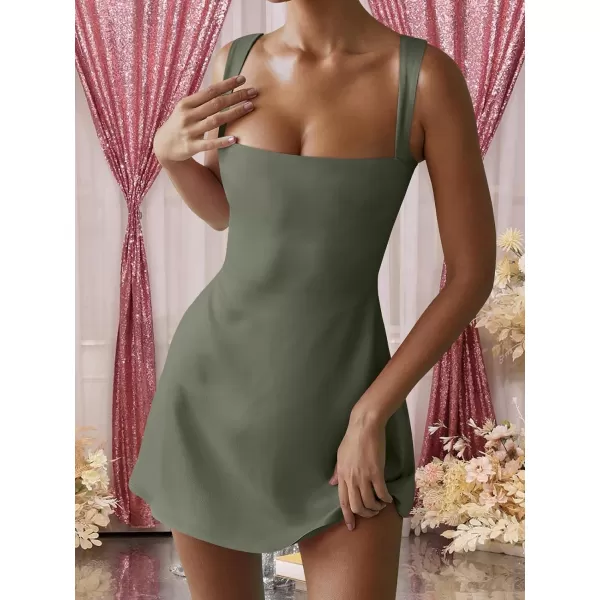 imageANRABESS Womens Square Neck Sleeveless Bodice Dress Side Slit Flare Mini DressesArmy Green