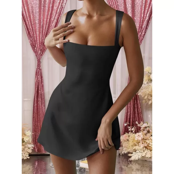 imageANRABESS Womens Square Neck Sleeveless Bodice Dress Side Slit Flare Mini DressesBlack