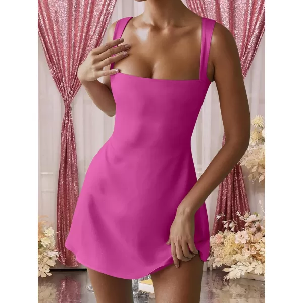 imageANRABESS Womens Square Neck Sleeveless Bodice Dress Side Slit Flare Mini DressesRose Red