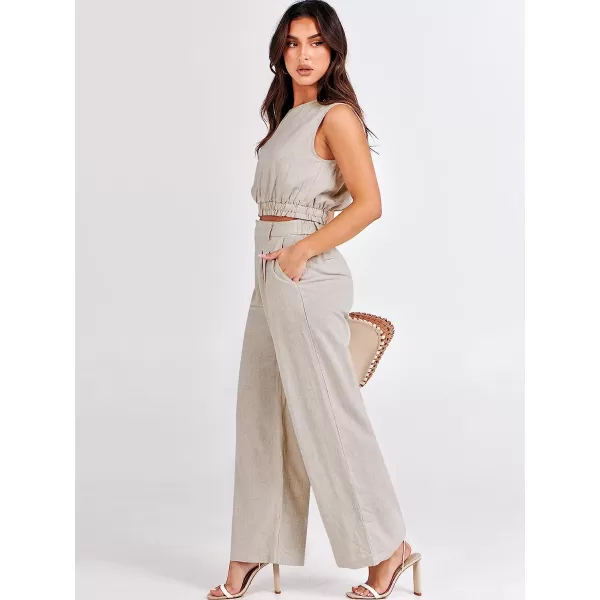 imageANRABESS Womens Summer 2 Piece Outfits Linen Crop Tank Top Lounge Matching Sets amp Long Pants Tracksuits with PocketsBeige