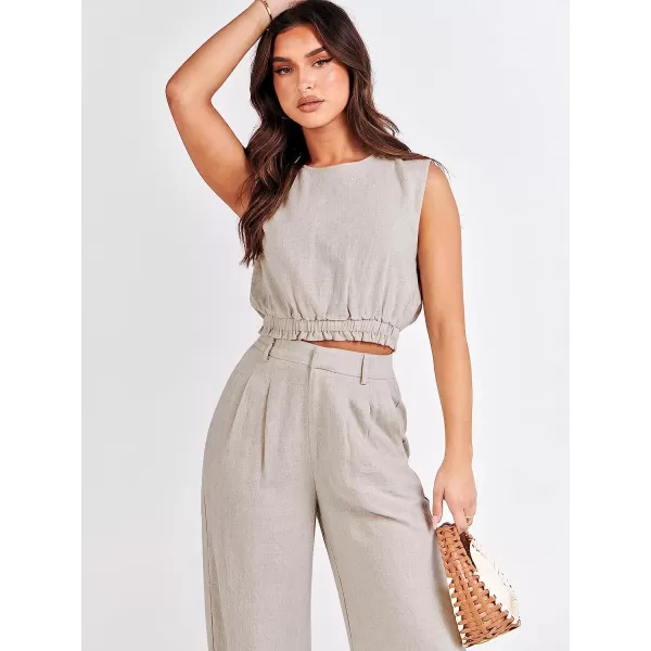 imageANRABESS Womens Summer 2 Piece Outfits Linen Crop Tank Top Lounge Matching Sets amp Long Pants Tracksuits with PocketsBeige